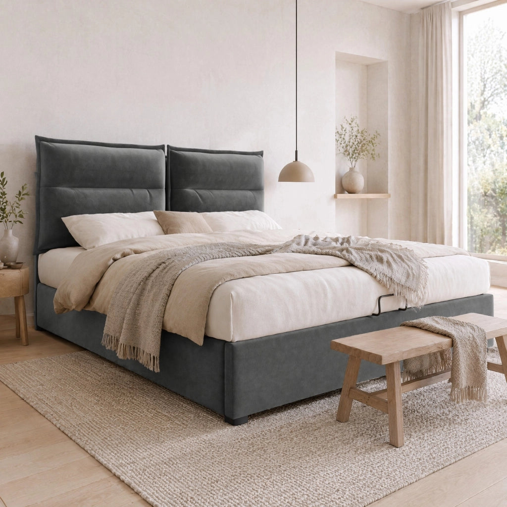 Letto matrimoniale imbottito 140x200 cm con contenitore e testiera regolabile