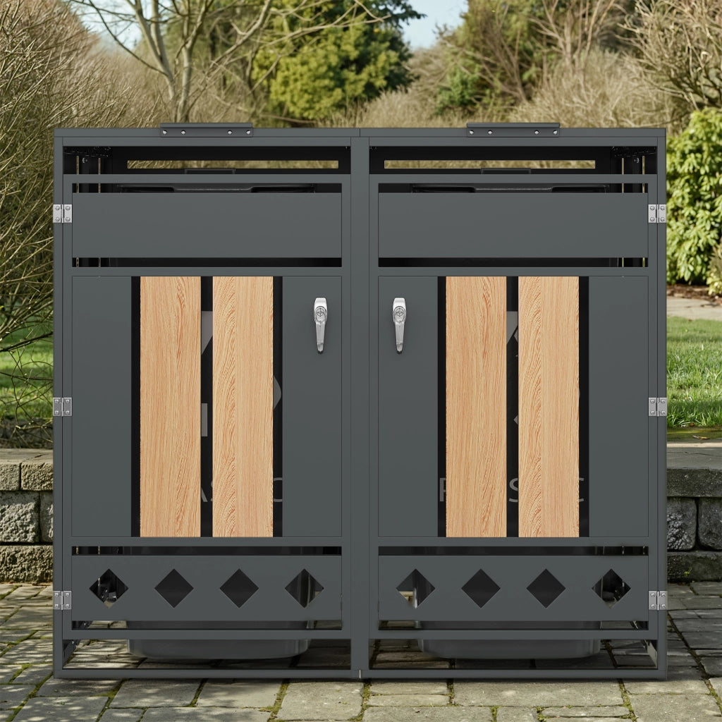 Cassetta della spazzatura; con coperchio incernierato; scomparti per lo stoccaggio della spazzatura; chiudibile a chiave; due porte; pannello porta con venatura verticale in legno; calzino cavo a forma di diamante