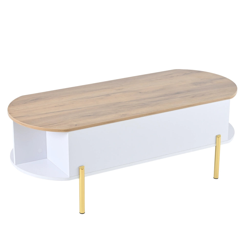 Tavolino da caff¨¨ sollevabile 120 x 50 x 43 cm con vano contenitore nascosto, MDF bianco e piano effetto legno naturale