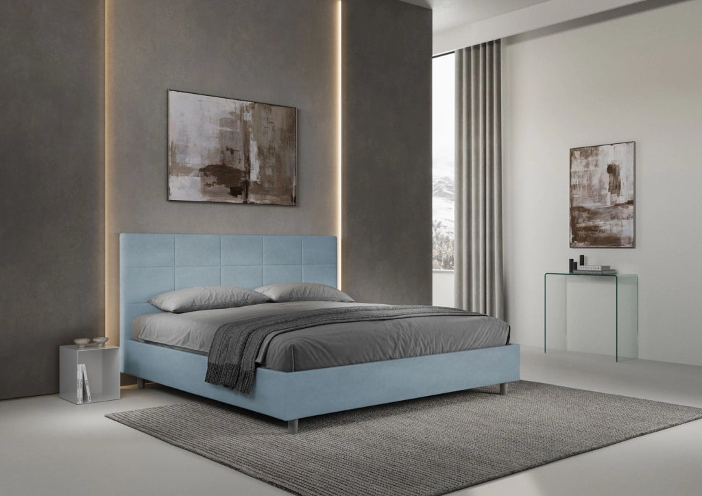 BS COM Letto matrimoniale king size con rete imbottito 200x210 microfibra azzurro