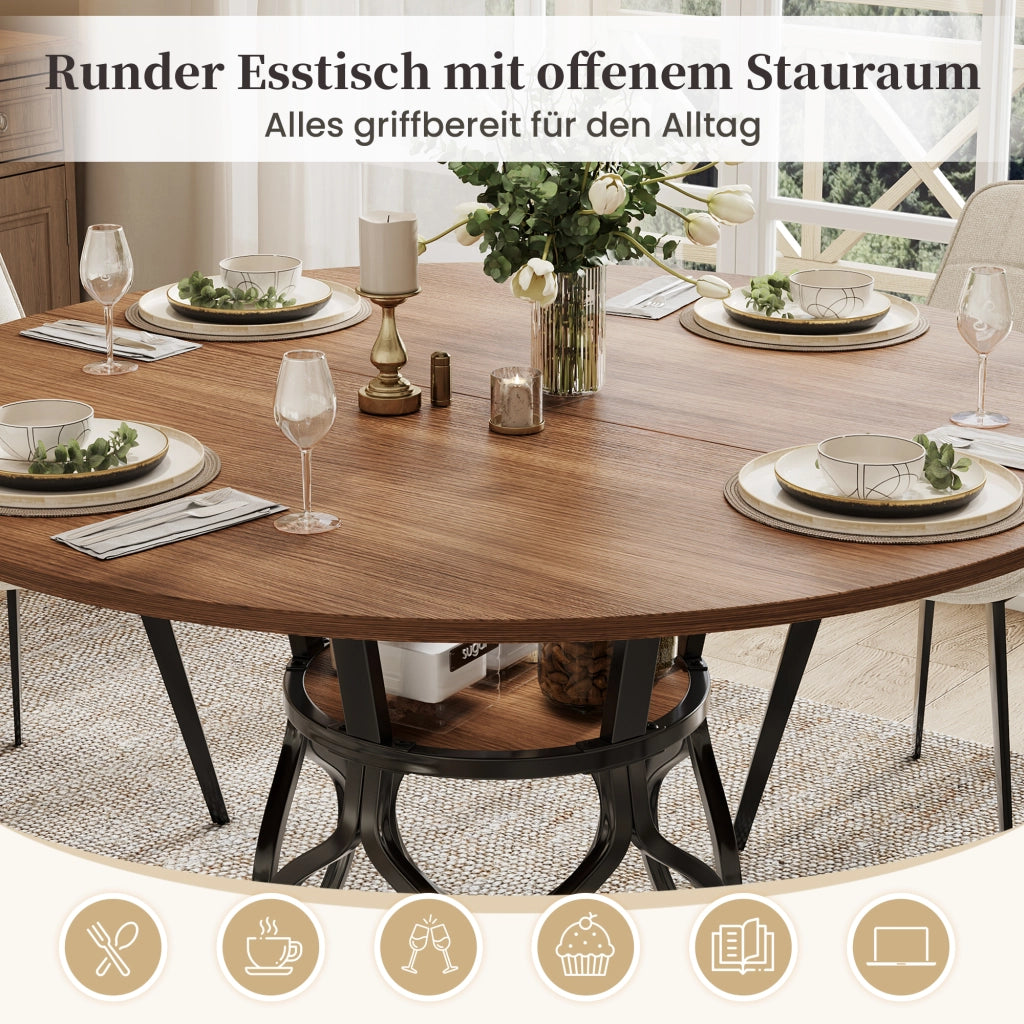Tavolo da pranzo rotondo 100x100x75 cm, tavolo da cucina per 4-6 persone con vano contenitore integrato, piano in MDF effetto noce, struttura moderna