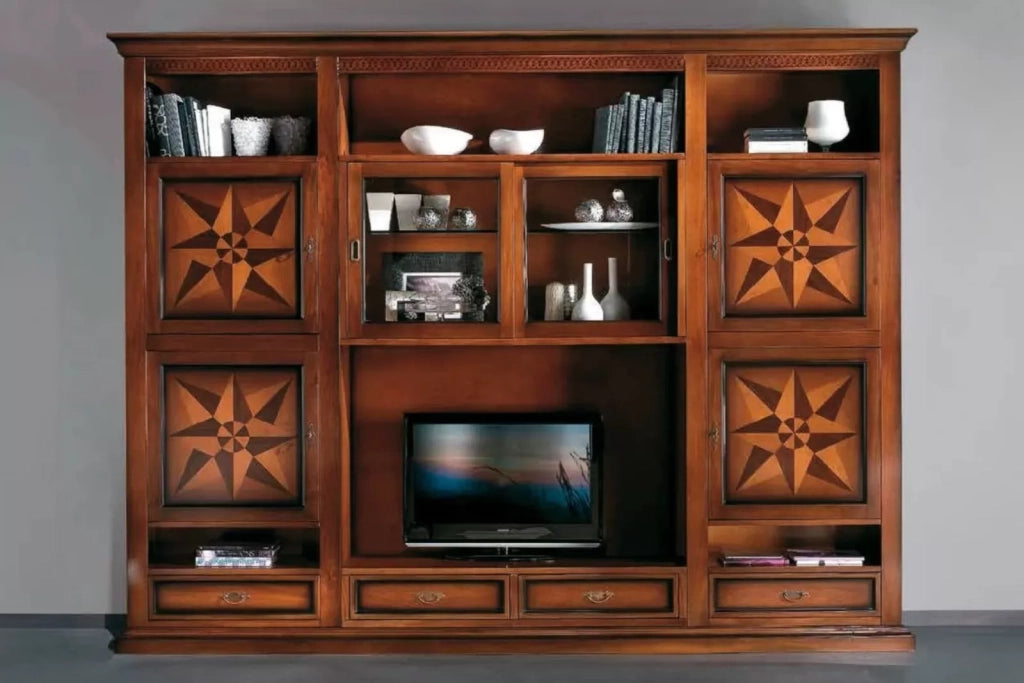 Parete attrezzata porta tv in legno tinta noce l.306 p.43 h.236 - Mobili 2G
