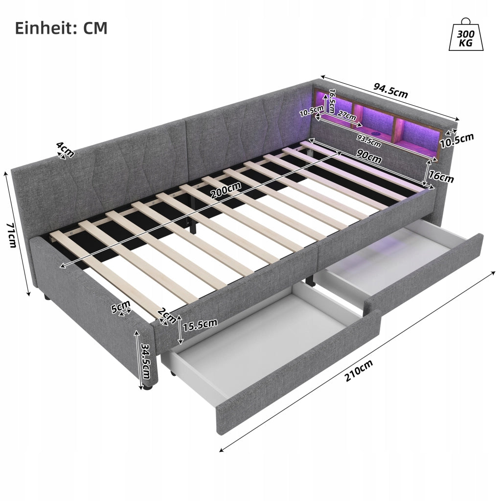 Letto singolo 90x200 - Xylo - Grigio con USB-C e LED