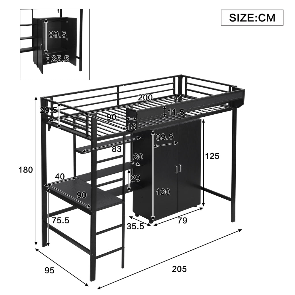 Letto a castello in metallo e legno nero 90x200 cm con tavolo, armadio e scala a 5 gradini
