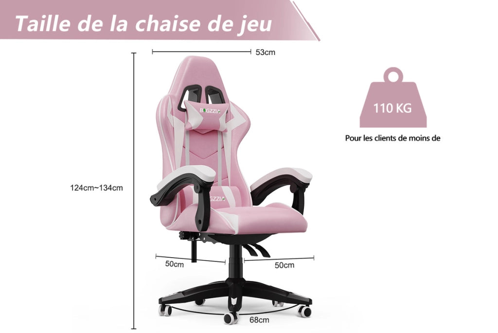 Sedia da gioco,  Sedia da gioco ergonomica, altezza regolabile, schienale reclinabile, con braccioli e poggiatesta, rosa e bianco