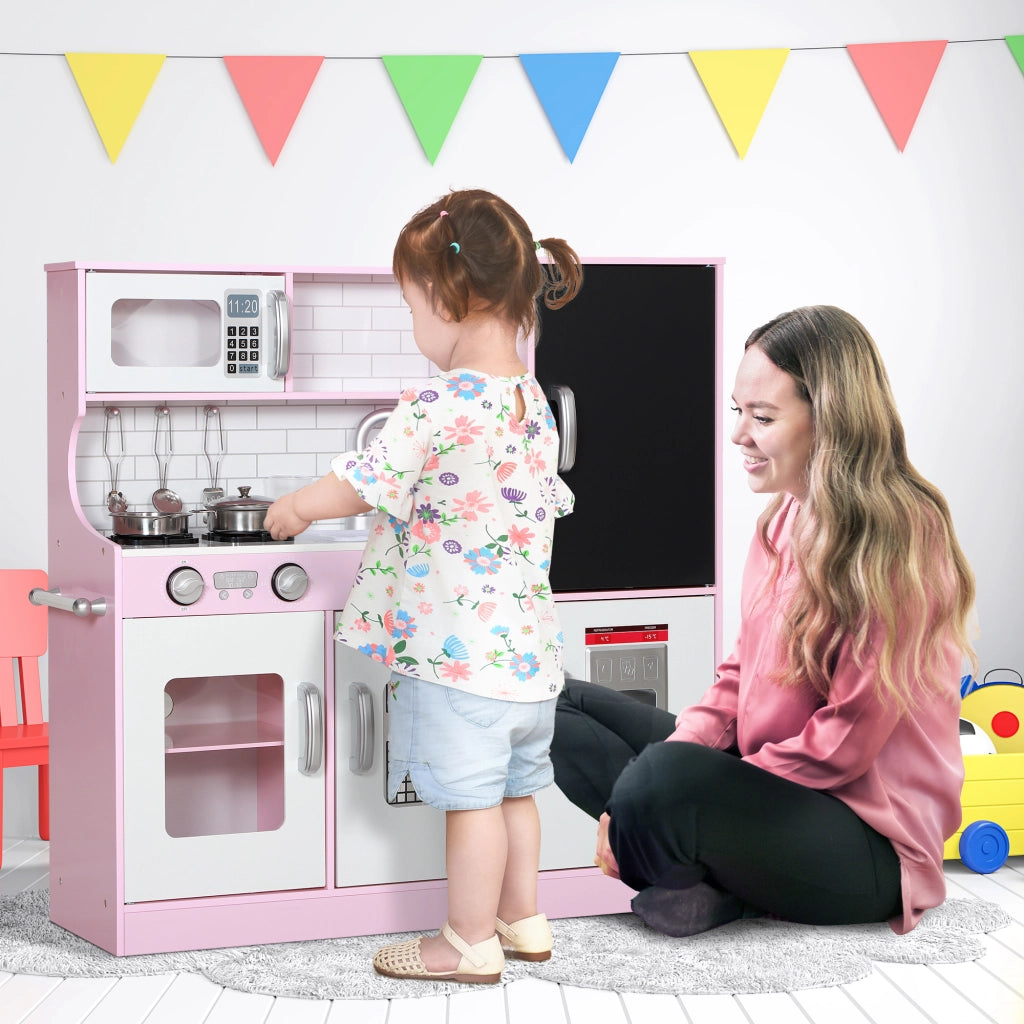 Cucina Giocattolo in Legno per Bambini 3-8 Anni con Fornelli. Microonde. Lavandino. e Accessori. Rosa
