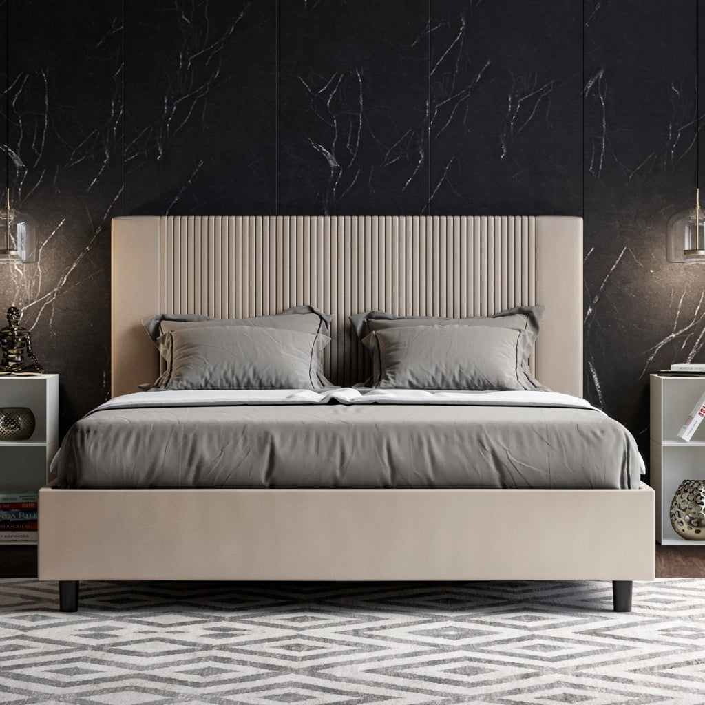 BS COM Letto matrimoniale francese con rete imbottito 140x190 similpelle tortora