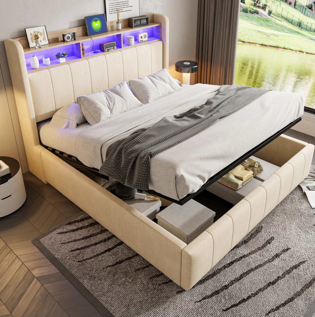 Letto imbottito 160x200 cm con LED, USB/Type-C e vano contenitore