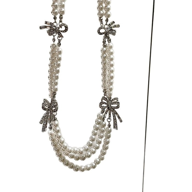Collana vintage francese a pi¨´ strati con fiocco di perle e strass, catena per clavicola a pi¨´ strati, catena per maglione vintage