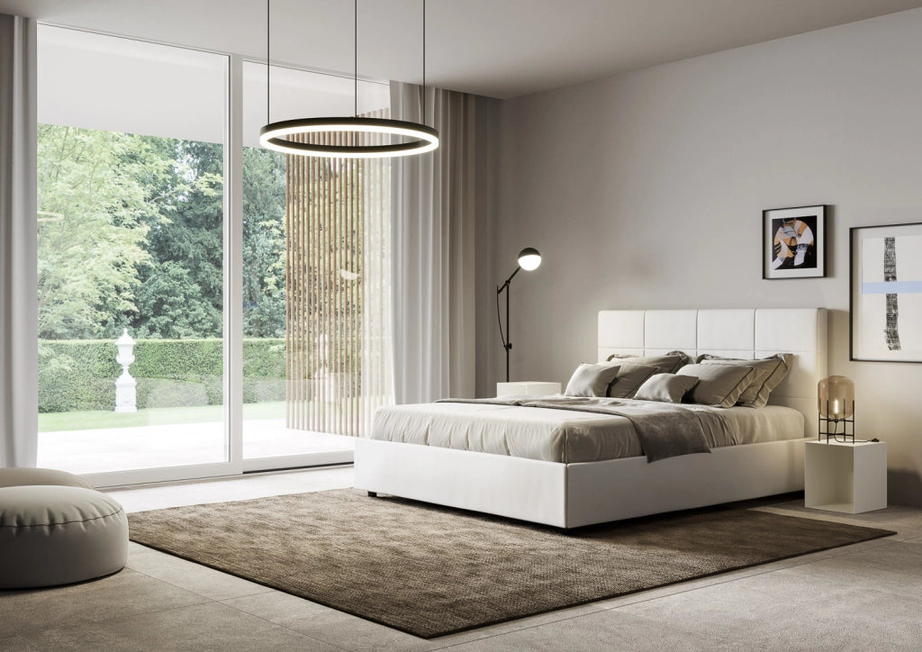 BS COM Letto matrimoniale francese senza rete imbottito 140x210 similpelle bianco