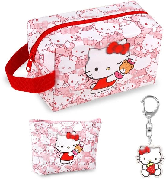 Borsa di cosmetici per ragazze - valigetta da viaggio con portafoglio e catena da chiave, grande borsa di pelle rossa carina con zip, valigetta in PU, regali di Natale per bambine, donne e adolescenti