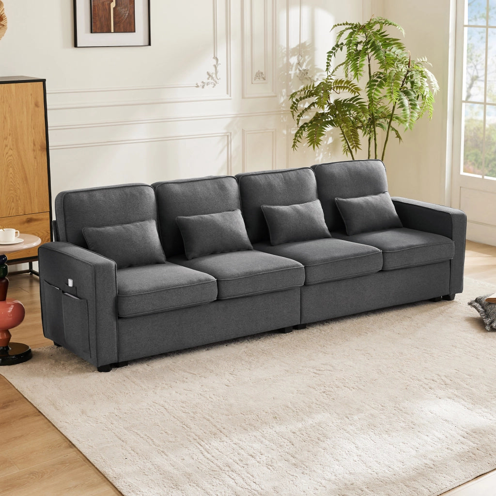 Divano 264x83x87 cm con tasche portaoggetti e 4 cuscini lombari in lino grigio scuro