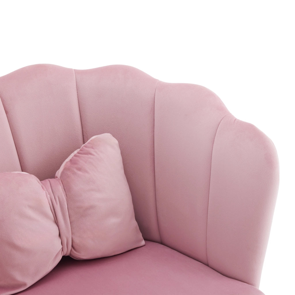 Poltrona da salotto in velluto rosa con schienale a petalo, cuscino schmetterling e gambe in metallo dorato