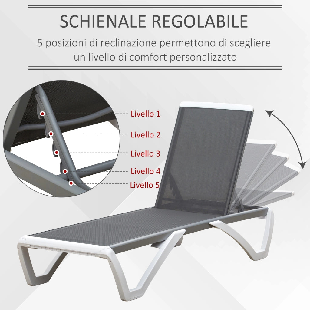 Lettino Prendisole con Schienale Reclinabile e Rotelle ¨C Zephmum ¨C Grigio e Bianco 195x67.5x33