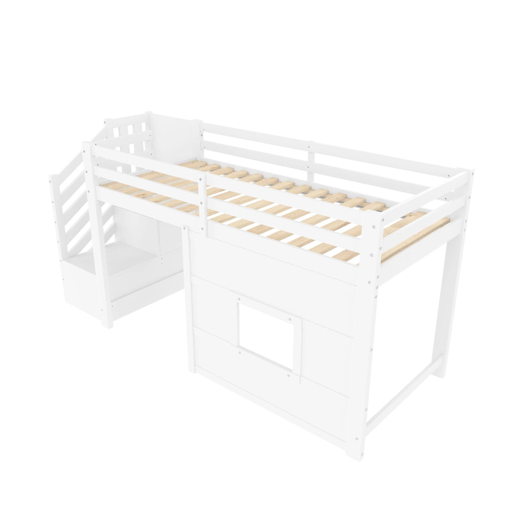 Letto a Soppalco con Scala Contenitore e Finestra ¨C MINIMAL ¨C Bianco 90x200