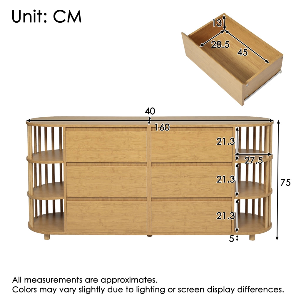 Credenza con 6 Cassetti e Ripiani Aperti Piedini Regolabili per Soggiorno in MDF e Bambù 160 x 40 x 75 cm Rovere