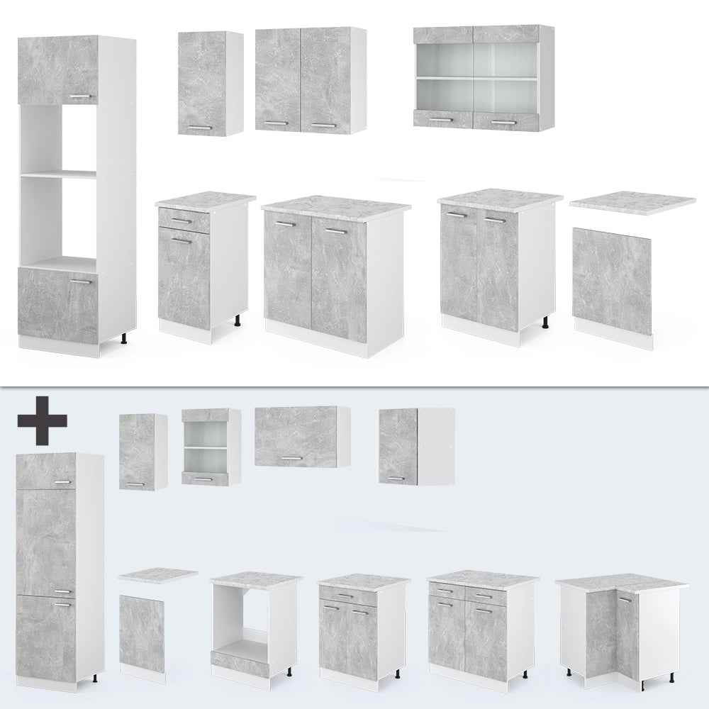 Vicco Cucina componibile Cemento/Bianco 300 cm con armadio alto, PL Antracite