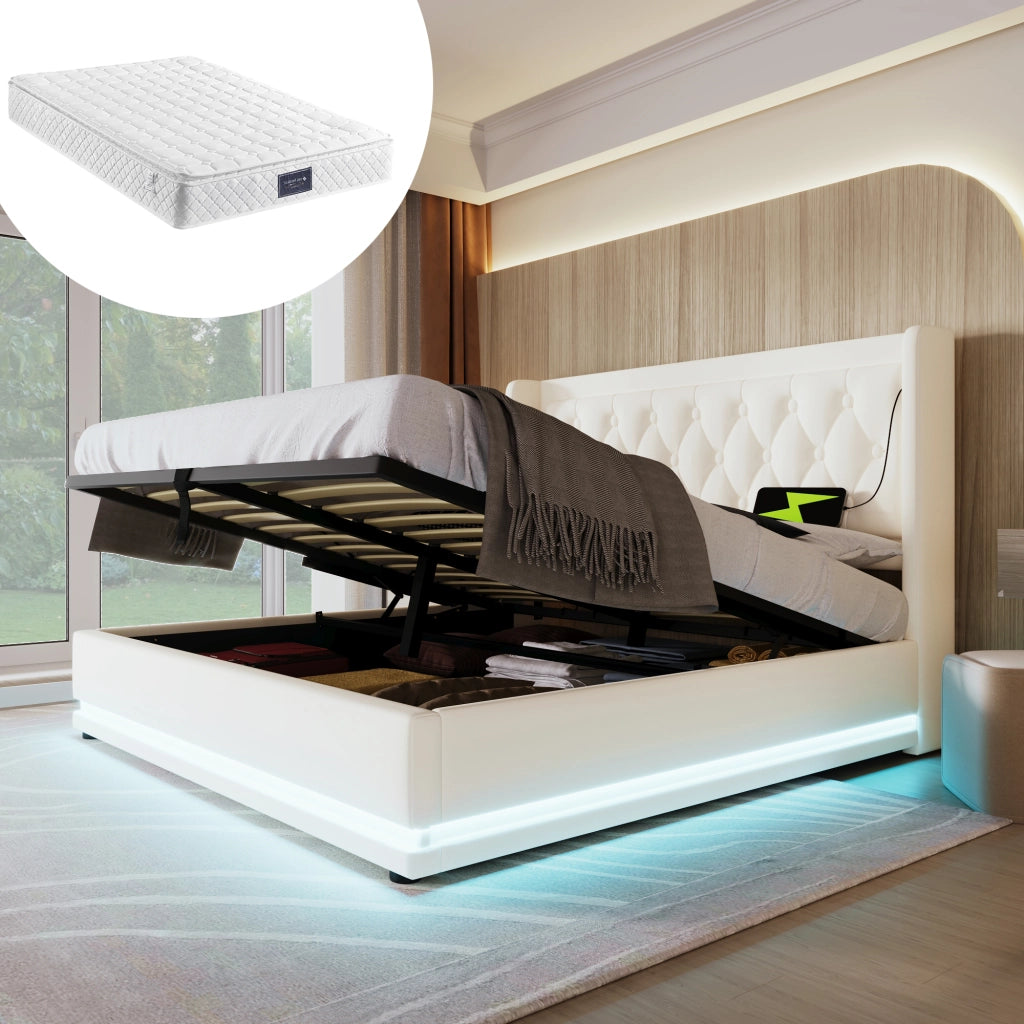 LETTO matrimoniale 140x200 cm in PU bianco con materasso e LED