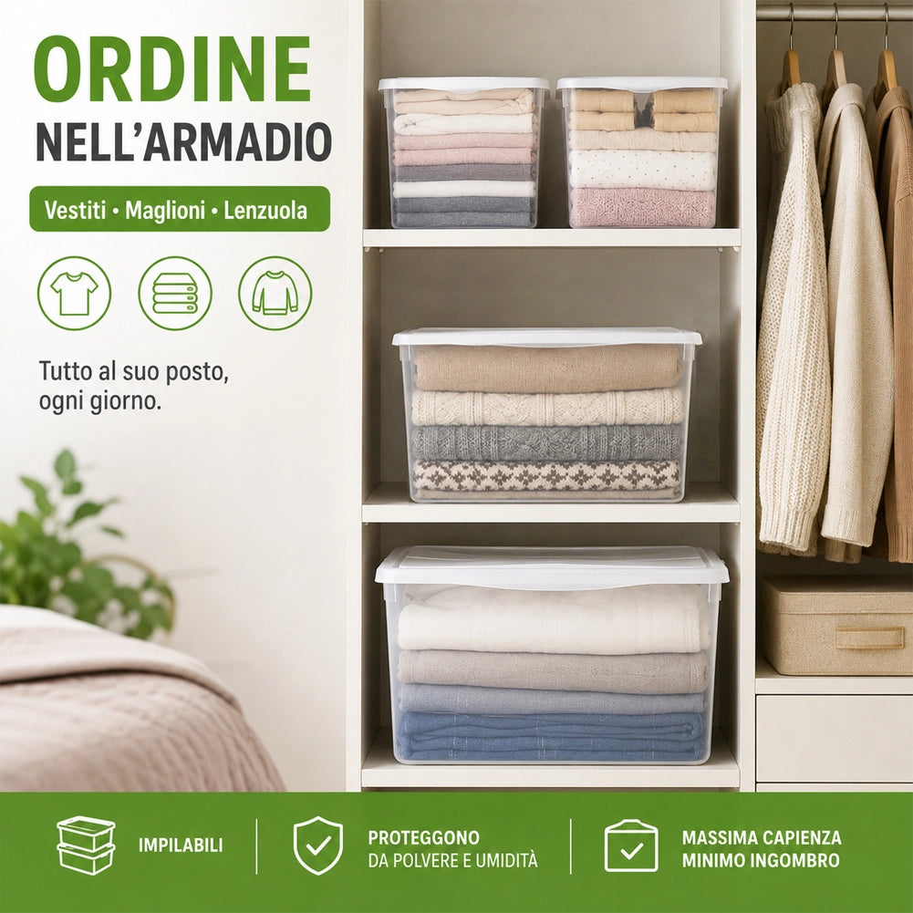 Set 4 Pezzi Spring Box 1L + 1M + 2XS Contenitori Trasparenti e Coperchio Bianco