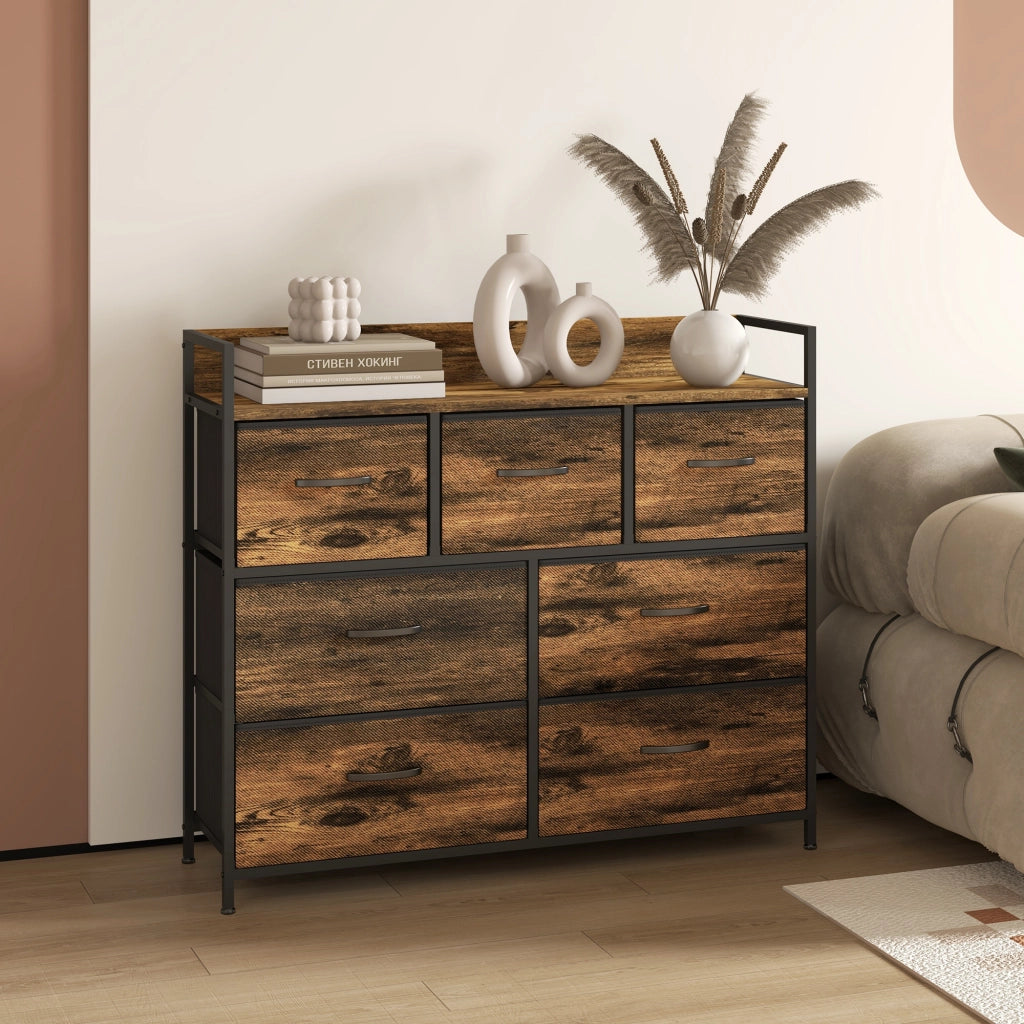 Cassettiera con 7 cassetti in tessuto, design industriale ¨C zephmum ¨C marrone/nero, 98x29x85cm