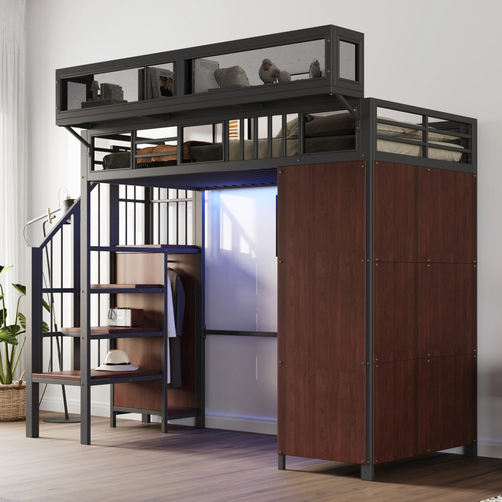 LETTO a soppalco 90x200 cm nero in metallo e legno con armadio e LED