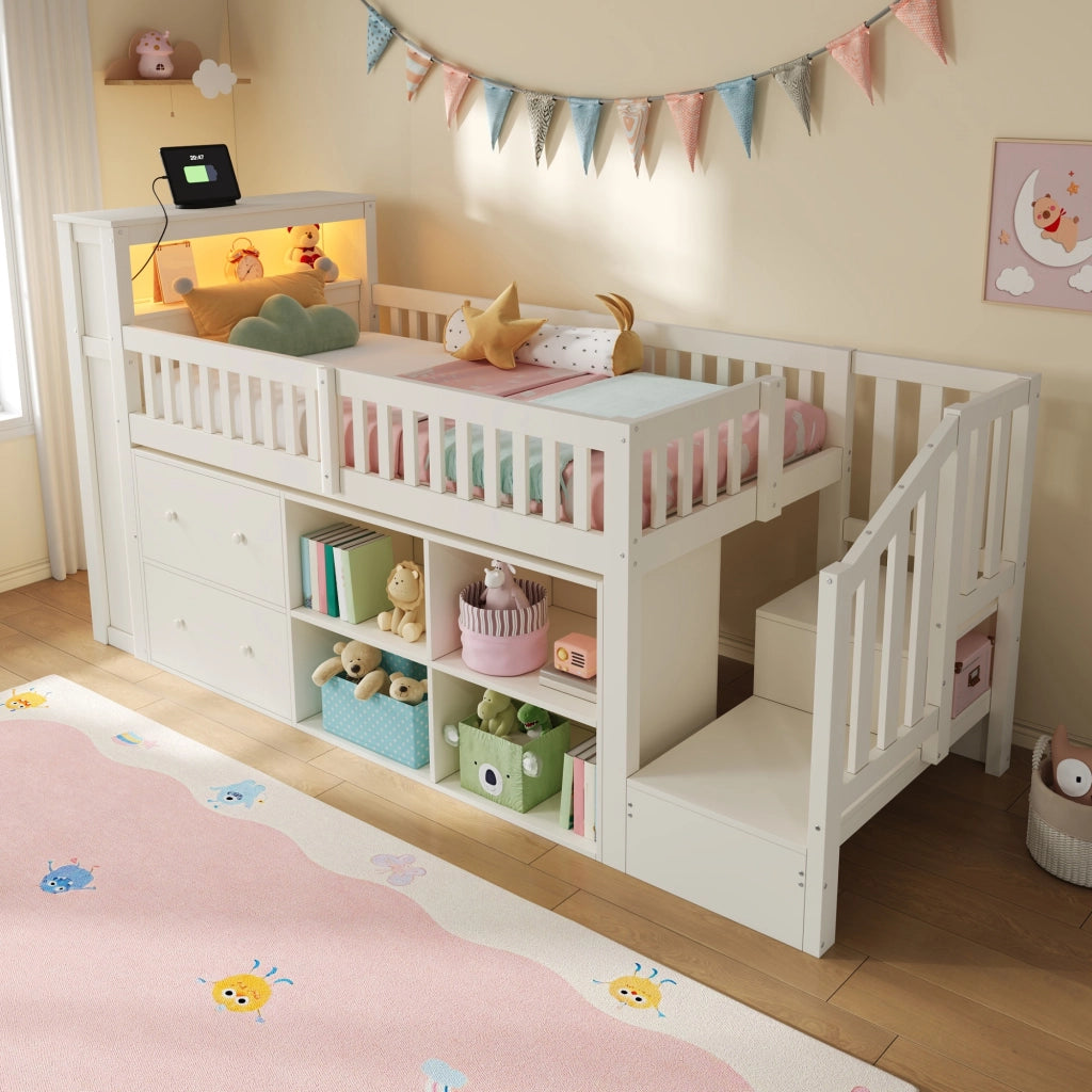Letto a Soppalco 90x200 cm con Cassetti; Ripiani; Scala Armadio; LED; USB e Type-C