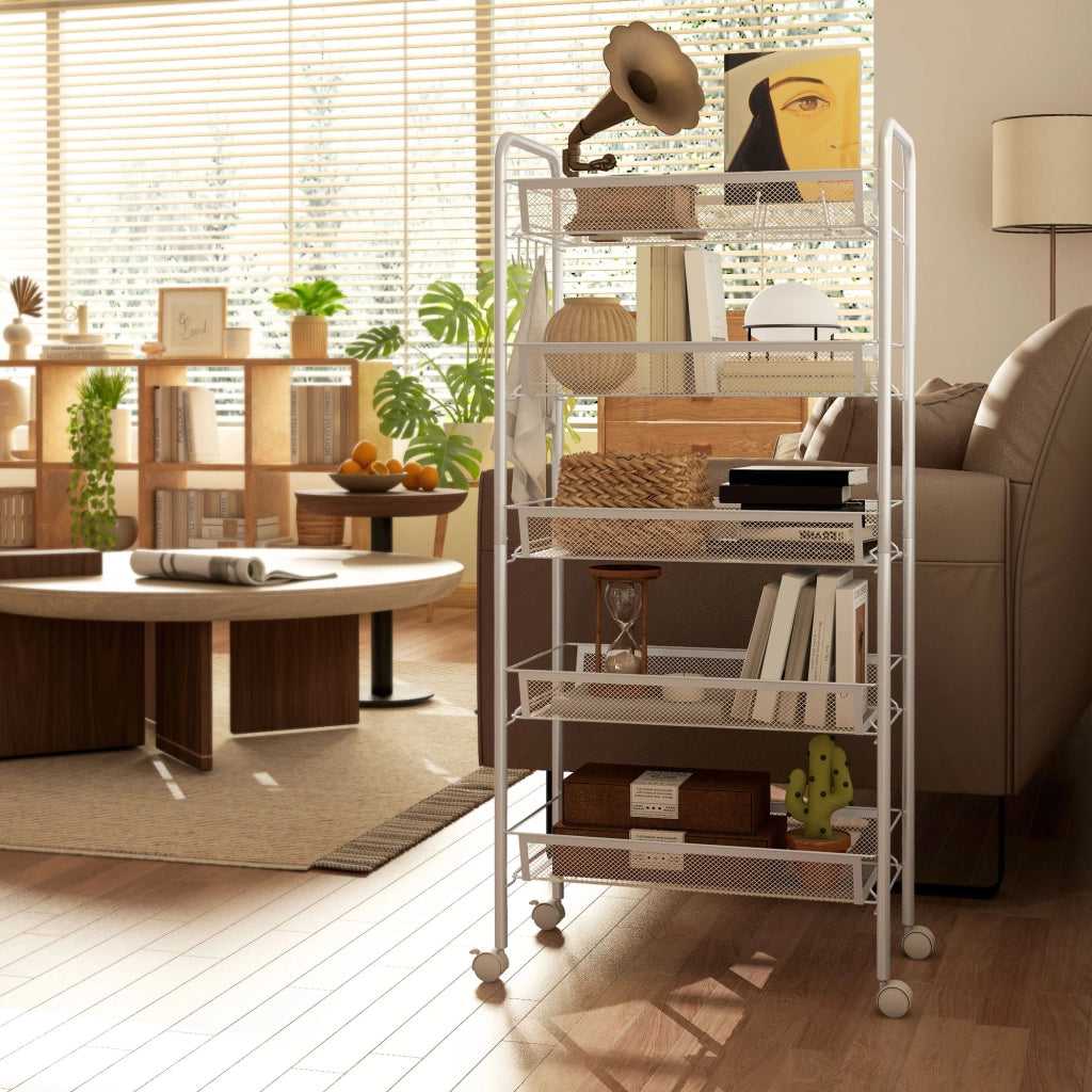 Carrello multiuso a 5 ripiani ¨C Xylo ¨C con cestelli rimovibili e 4 ganci, bianco, 45x26.5x106cm