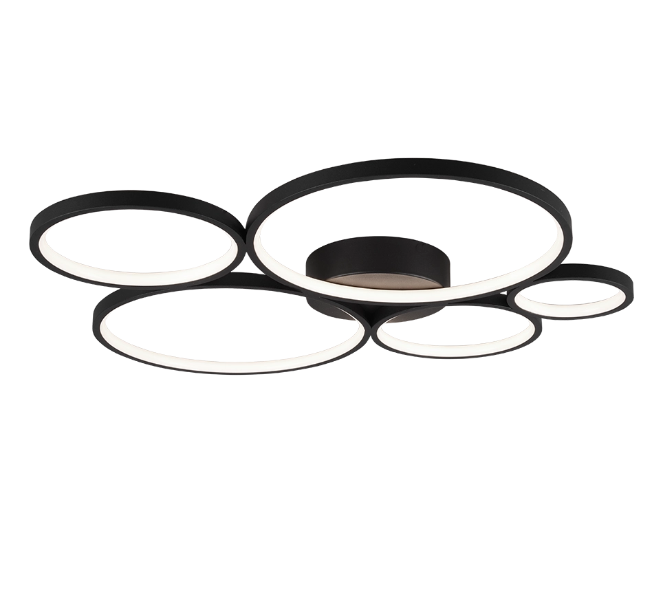 Plafoniera LED 5 cerchi, metallo, nero opaco, L 59 cm, Rondo