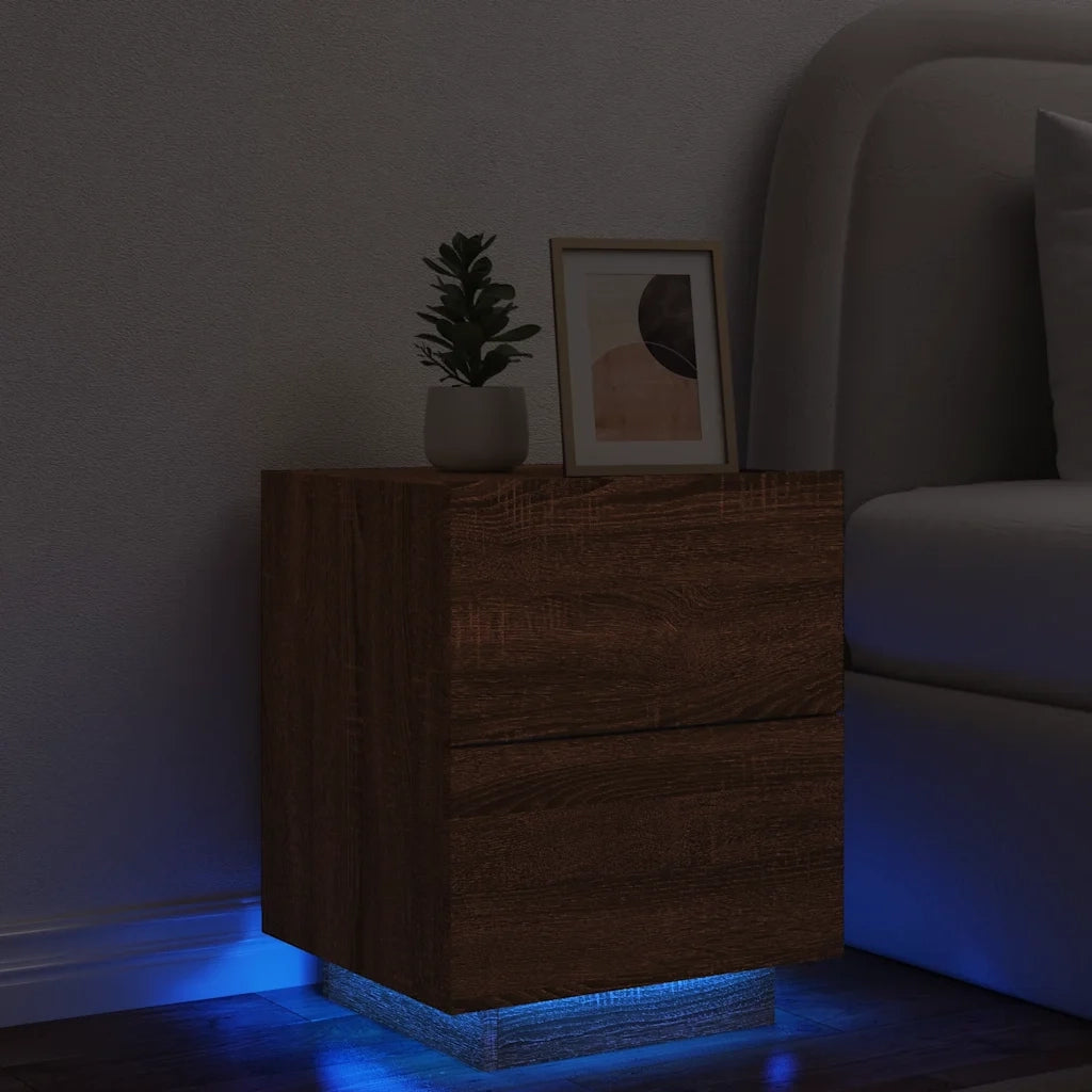 Comodino | Armadio da Notte | Mobiletto da notte con Luci LED Rovere Marrone in Legno Multistrato