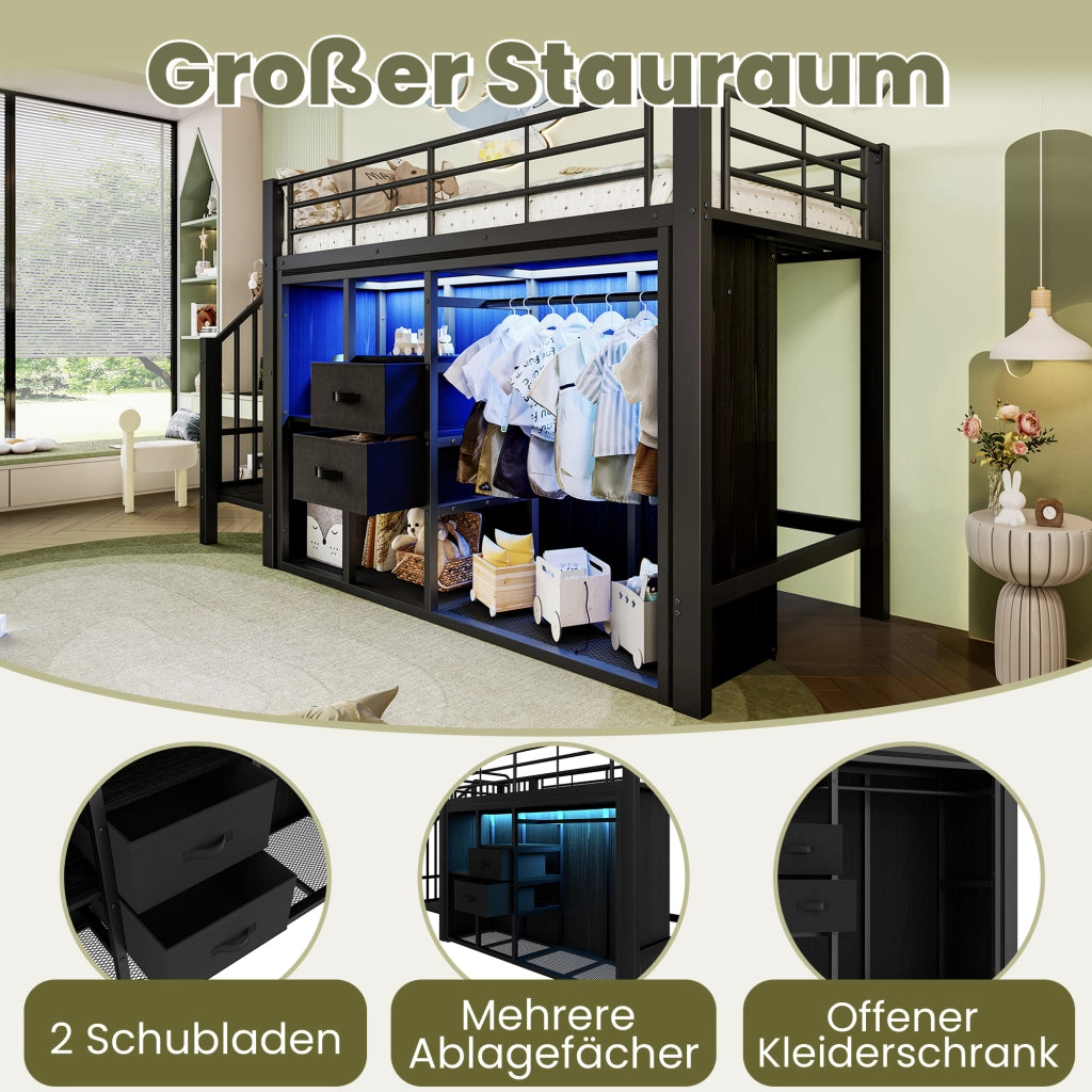 Letto a soppalco 90×200 cm con 2 cassetti; armadio aperto; LED; 3 vani portaoggetti; senza materasso; nero
