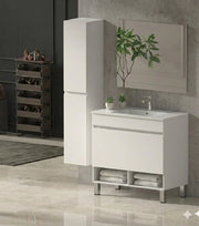 Mobile Bagno NEBARI com gambe Già Montato 1 cassetto, lavabo e specchio Bianco lucido 90x45 cm con colonna