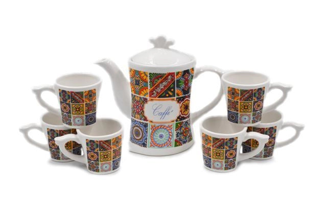 Set 6 Tazzine Tazze Caffe' Caffettiera in Ceramica con Vassoio Decoro Sicily