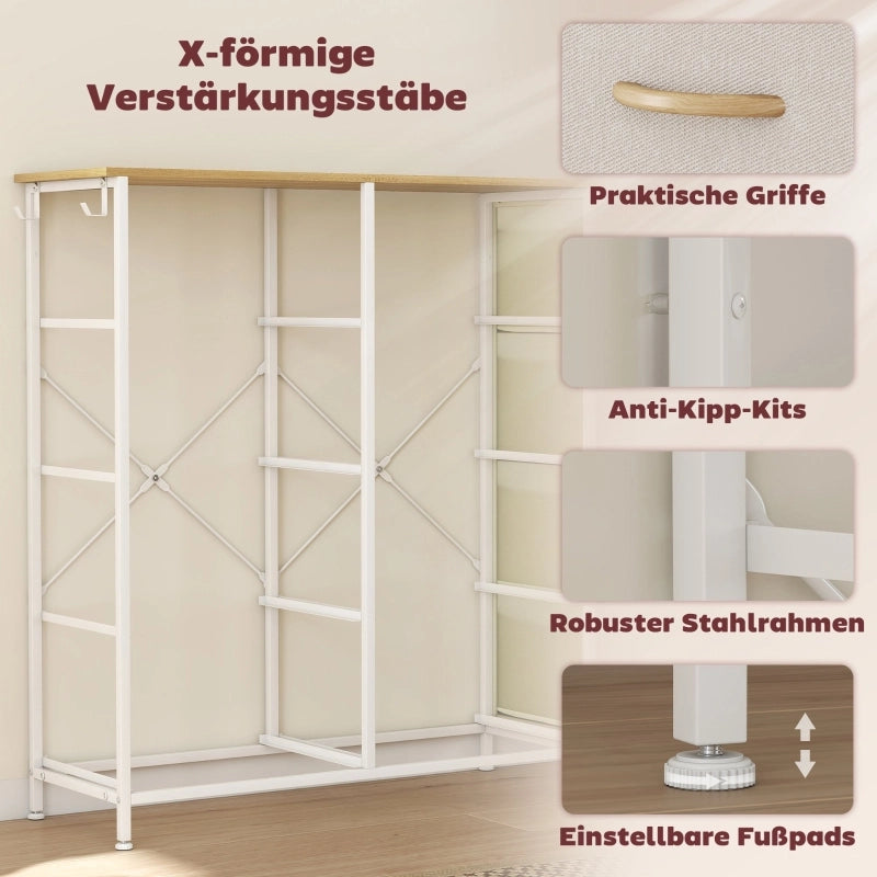 Cassettiera con 8 cassetti in tessuto; 4 tasche e 2 ganci; in acciaio; per camera da letto; beige; 86×30×94.5 cm