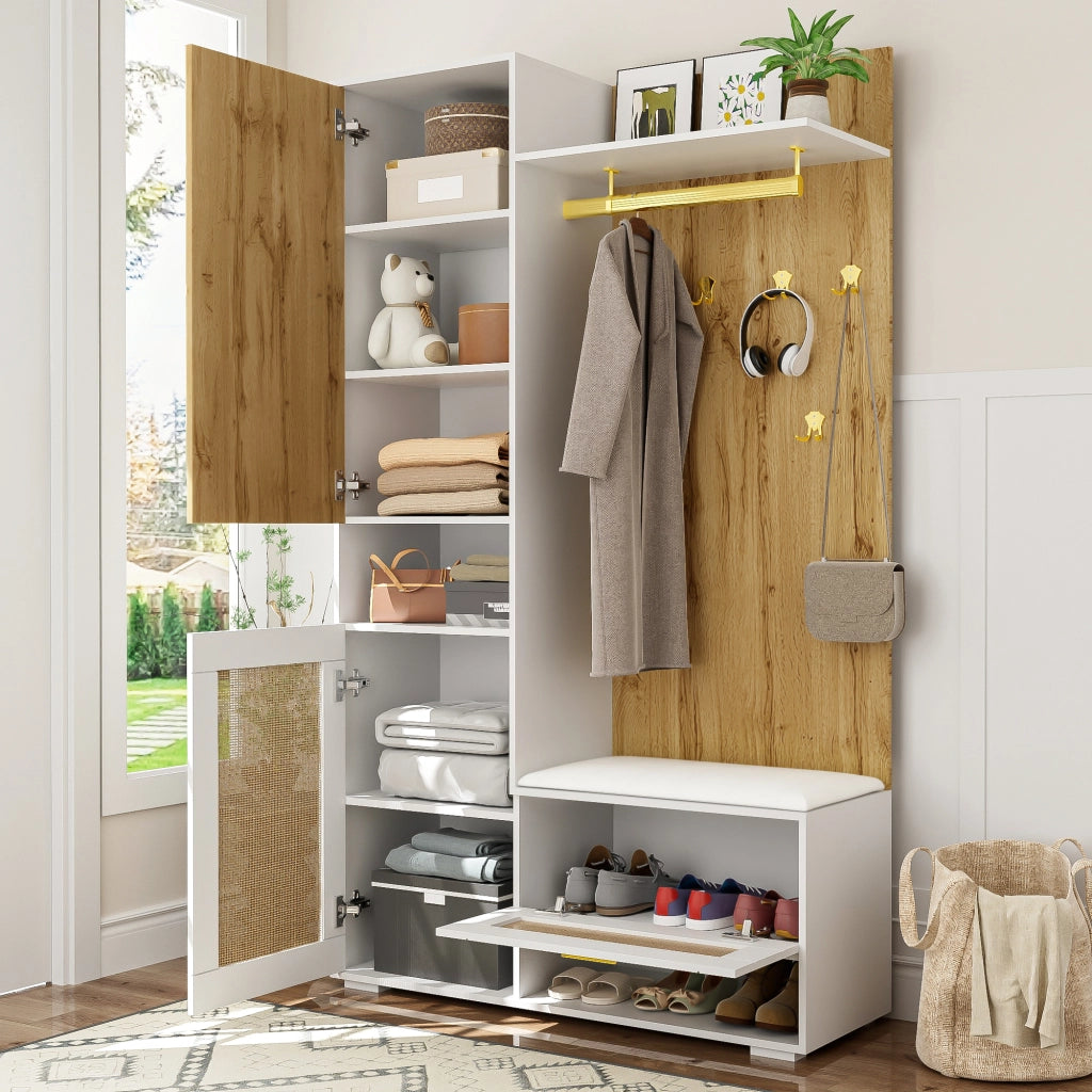 ARMADIO INGRESSO 110x38x190 cm Bianco/Legno con Specchio e LED