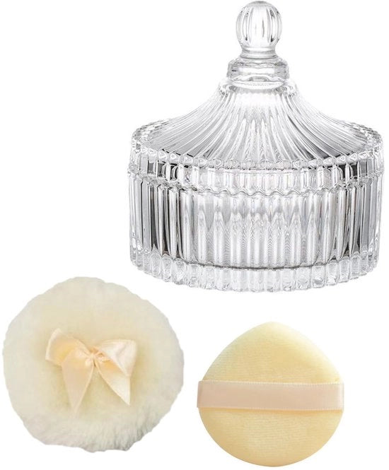 Set di contenitori in vetro 3 pezzi - Contenitori per polvere con pennello - Cassetta decorativa - Vetro di alta qualità borosilicato - Scatola di contenimento trasparente a metà - Modello:  - Dimensioni:  - Materiali:
