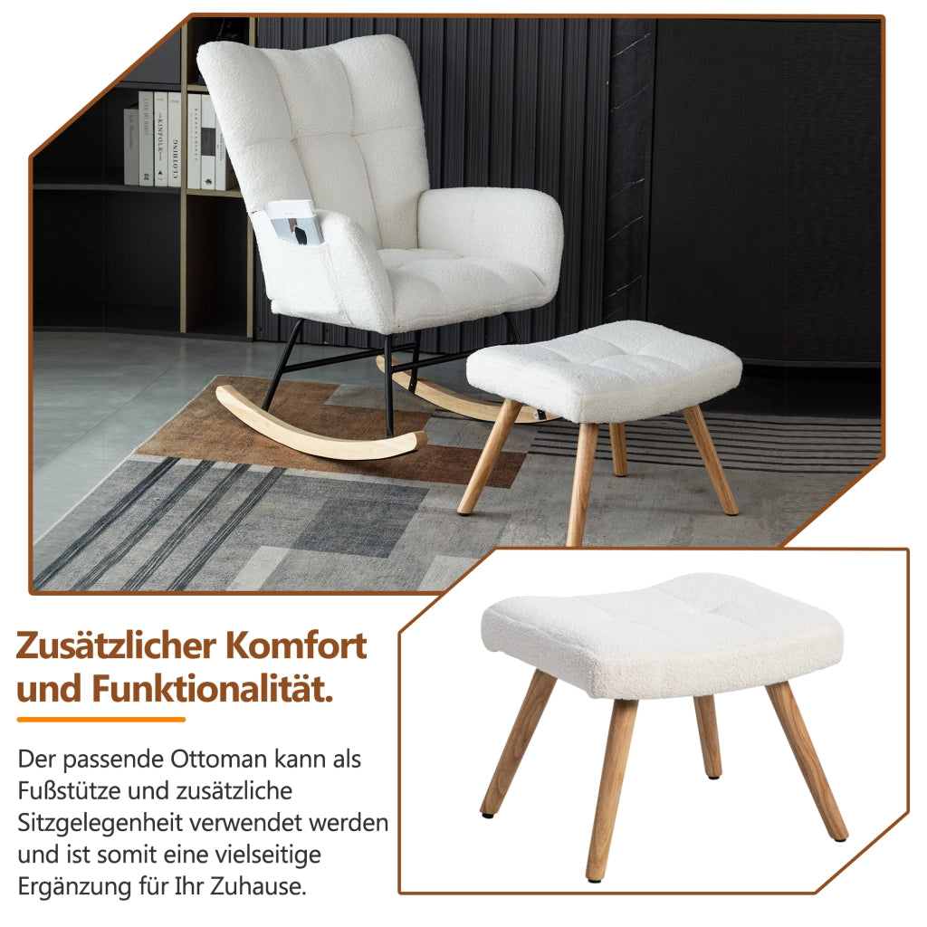 SEDIA A DONDOLO 92 cm Bianco Bouclé con pouf