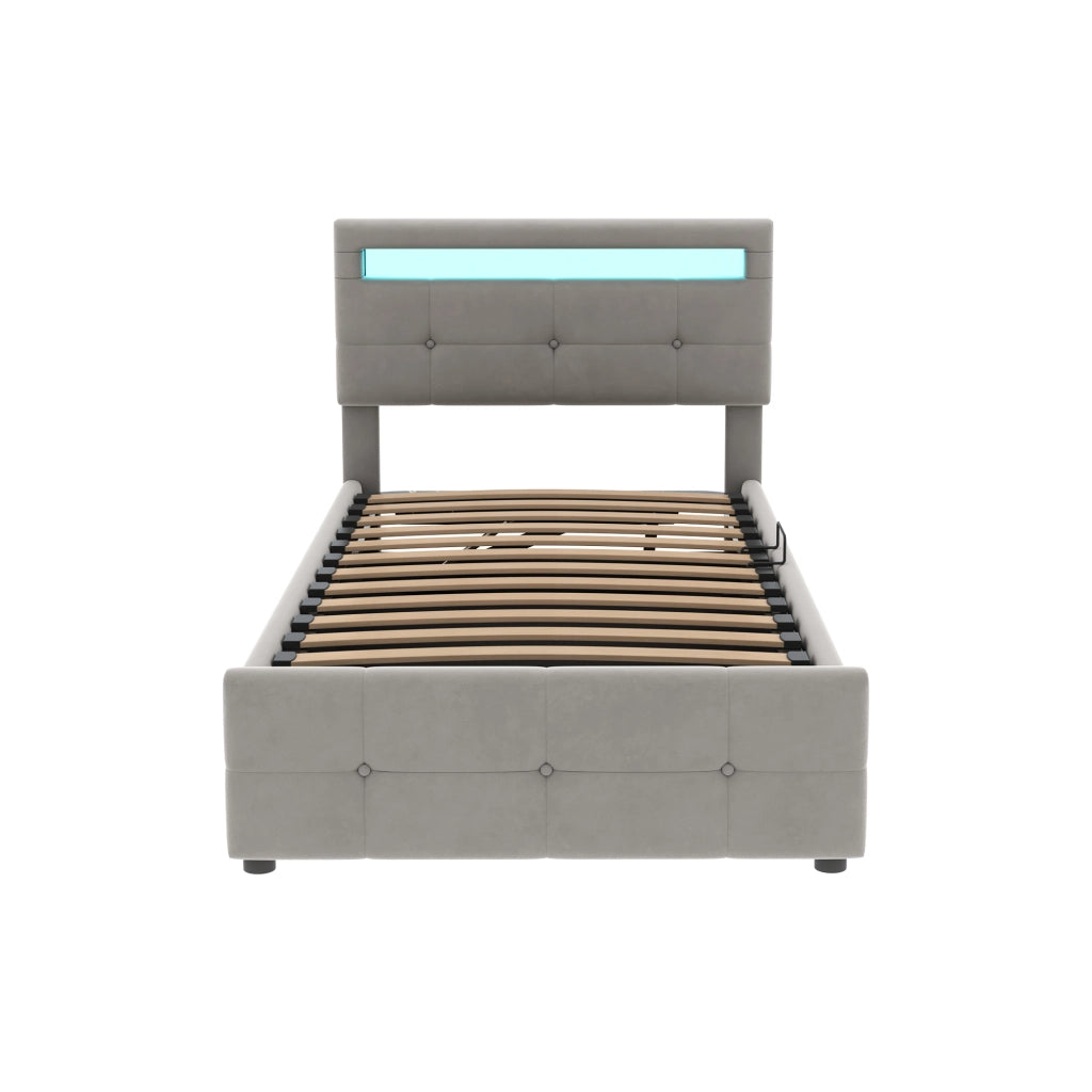 DESMIU Letto contenitore 90 × 200 cm 1 posto con LED, vano idraulico, testiera regolabile, senza materasso, in velluto, grigio