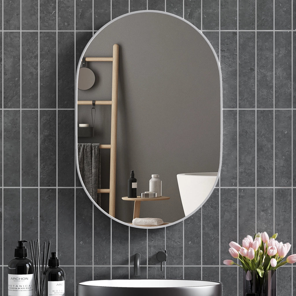 Specchio Bagno Ovale da Parete con Cornice in Alluminio, Verticale o Orizzontale, 60x90 cm, Argento