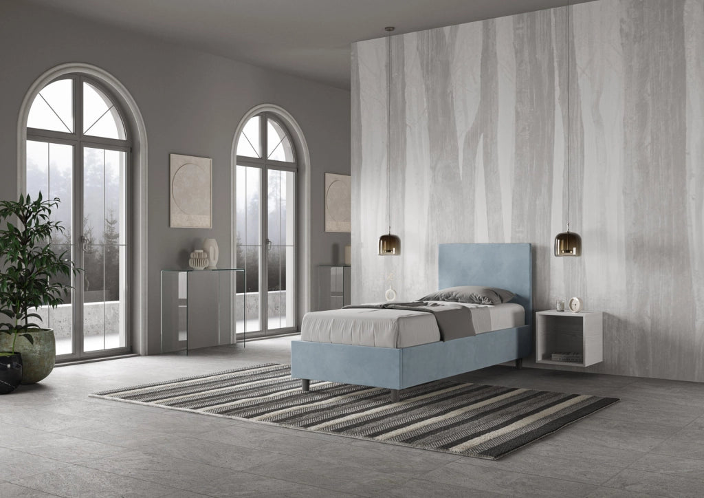 BS COM Letto singolo contenitore imbottito 80x200 microfibra azzurro
