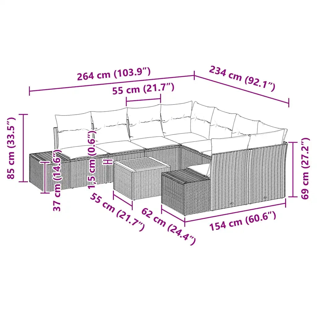 Set Divano da Giardino con cuscino 9 pcs Nero polyrattan 3347940