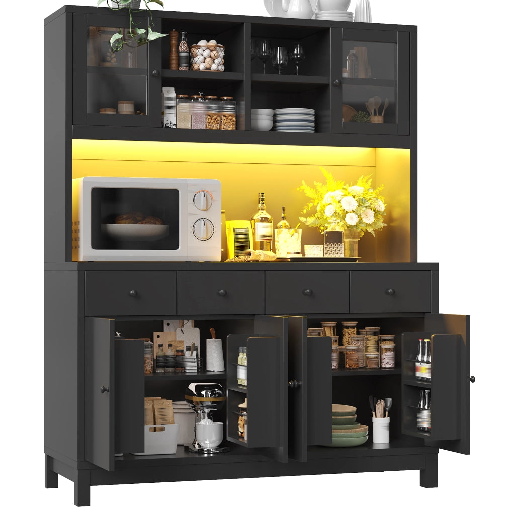 Credenza alta con 4 cassetti; ripiani regolabili e ante in vetro con LED RGB per cucina e soggiorno; 140×38.5×180 cm