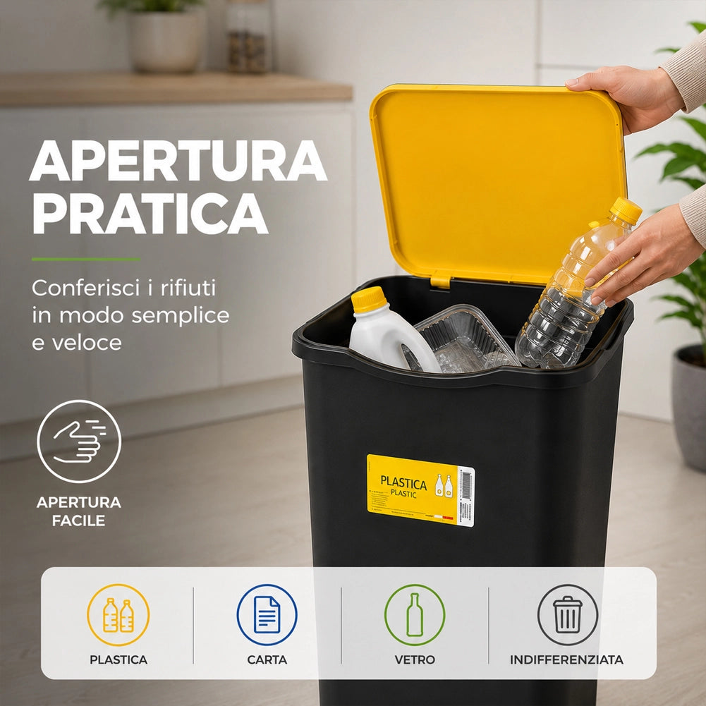 Set 4 Pattumiere Bidoni 37,5x36x62 cm Raccolta Differenziata Spazzatura Capienza da 50 L in Plastica Nero