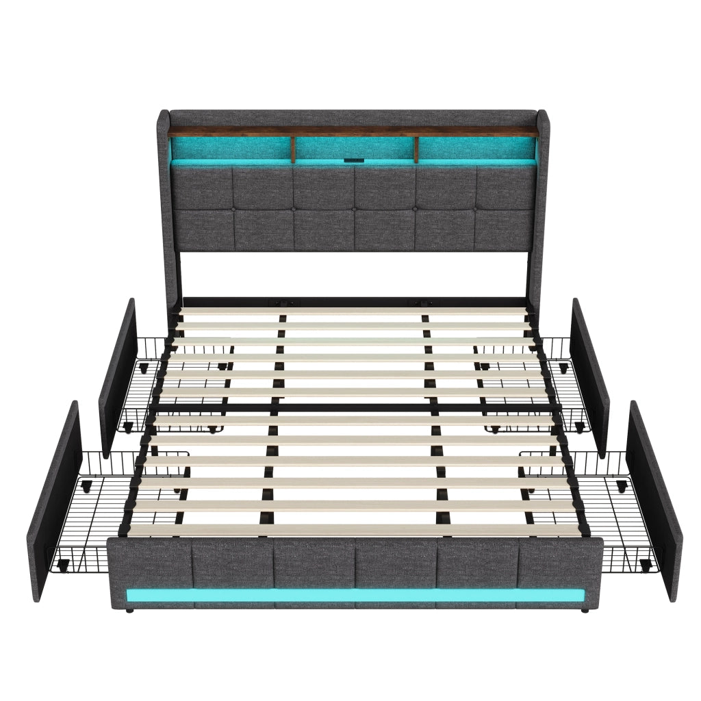 Letto matrimoniale 180x200 cm tessuto grigio, testiera contenitore con ricarica USB e USB-C, LED RGB APP telecomando, 4 cassetti estraibili