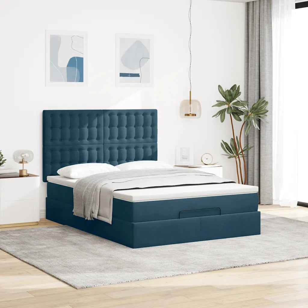 Struttura Letto Pouf con Materassi Blu 140x200cm in Velluto 3313623
