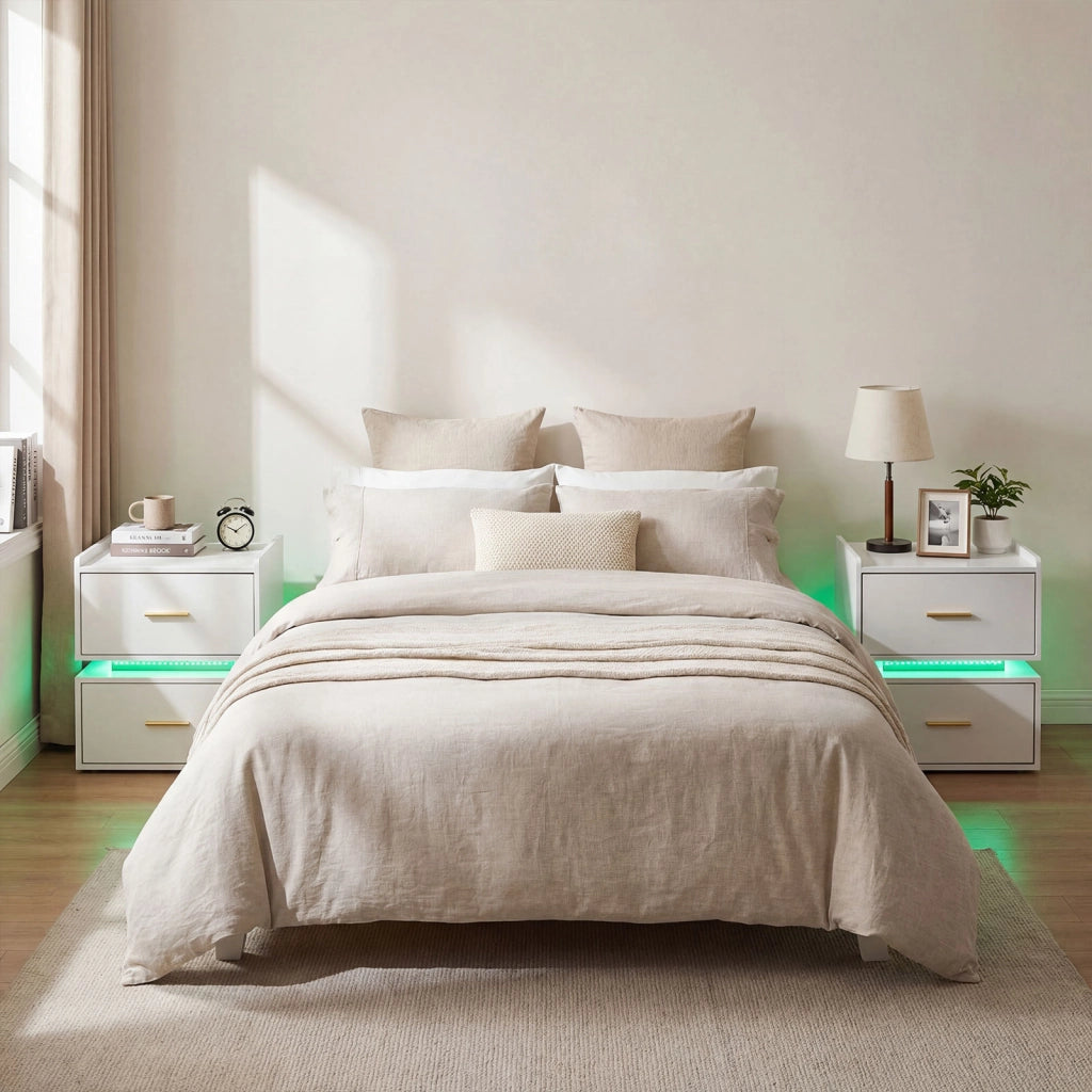 Comodino con stazione di ricarica e LED con 2 cassetti portaoggetti, Tavolino moderno semi-sospeso per soggiorno e camera da letto Bianco