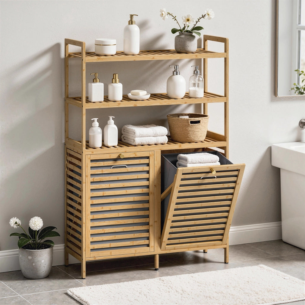 Mobile da Bagno con Cestino Bamb¨´ ¨C Minimal ¨C Legno Rovere 3 Ripiani