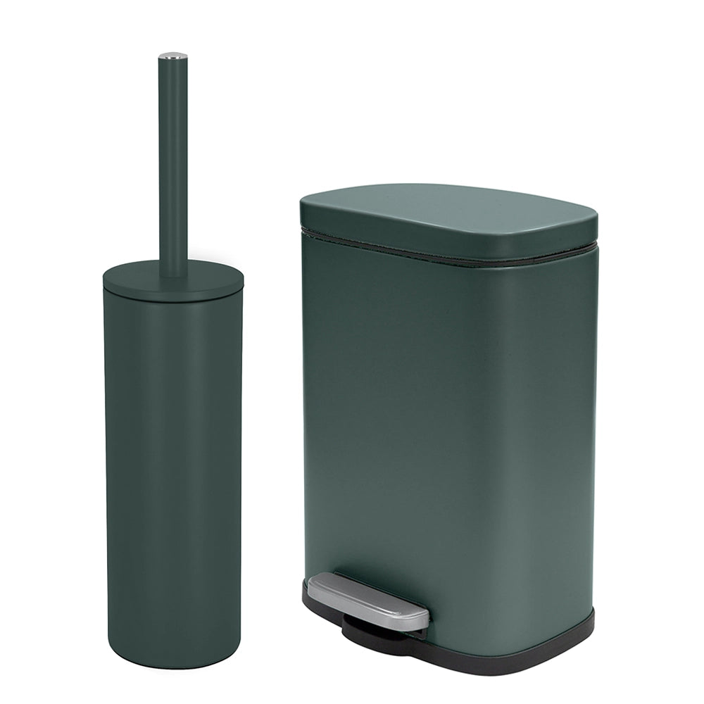 Set pattumiera 5lt a pedale e portascopino in acciaio verde scuro opaco Axin