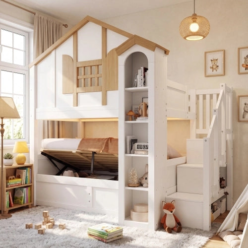 Letto a castello per bambini 90x200 cm LEMONMAX con contenitore idraulico, scala contenitore, LED, pino massello e MDF, bianco e naturale