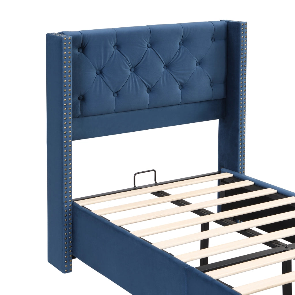 OKWISH Letto Bambino 90×200 cm, Letto Singolo con Testiera Imbottita, Borchie Decorative e Piedini in Legno, senza Materasso, Velluto, Blu