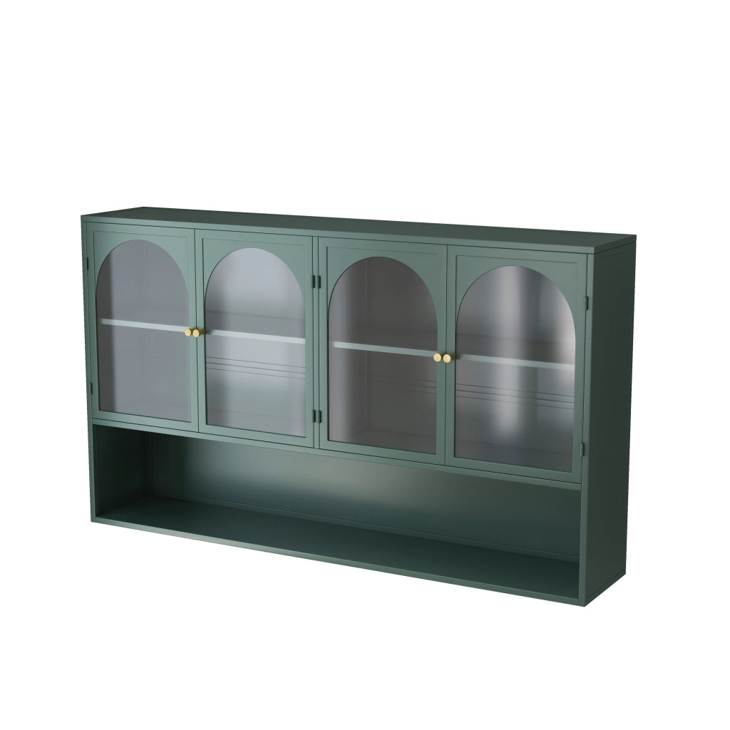 Pensile a 4 ante in vetro e metallo, stile industriale, per cucina e soggiorno, verde scuro, 120 × 23 × 70 cm